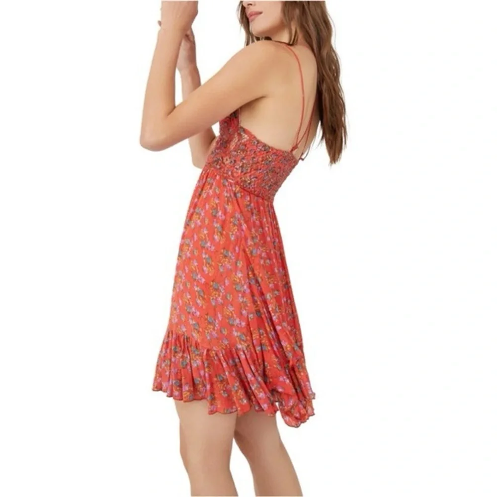 Free People Adella floral printed slip mini dress, featuring a lace bodice Small